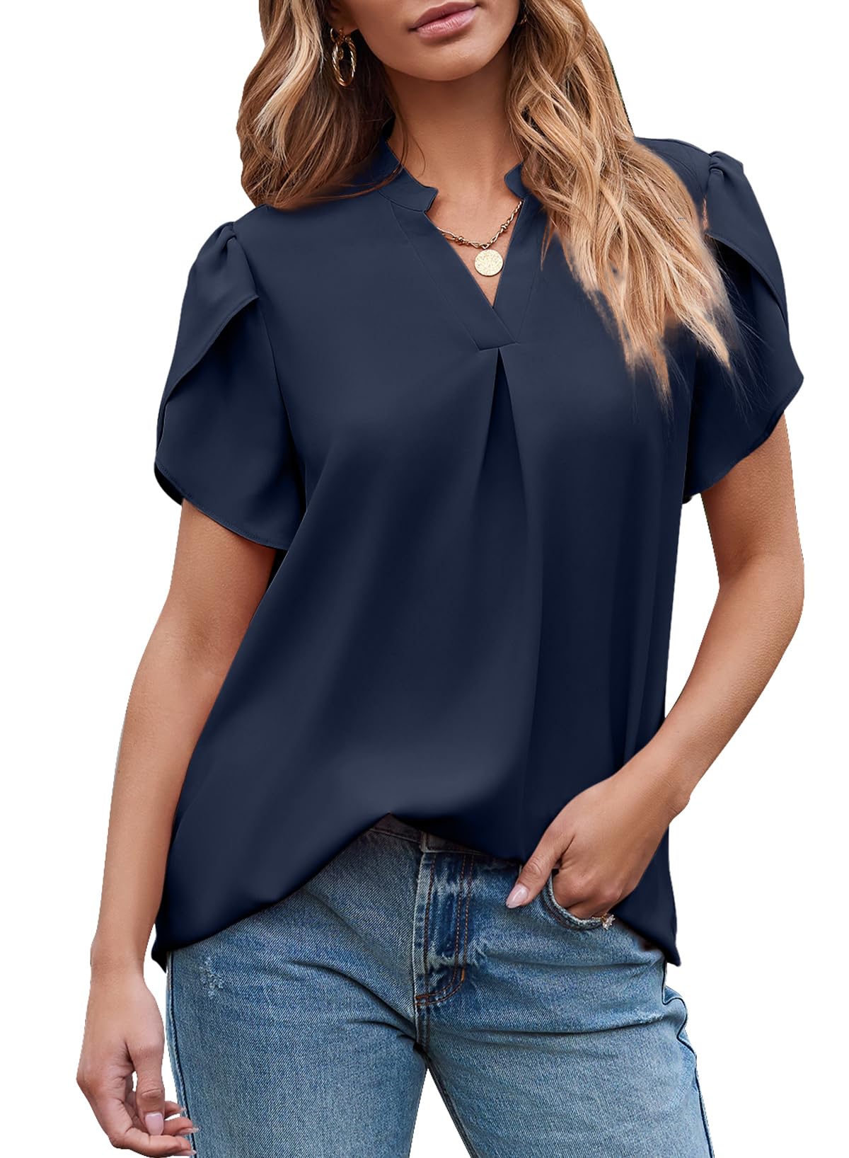 Women's Dressy Casual V Neck Cute Loose Petal Short Sleeve T-Shirts