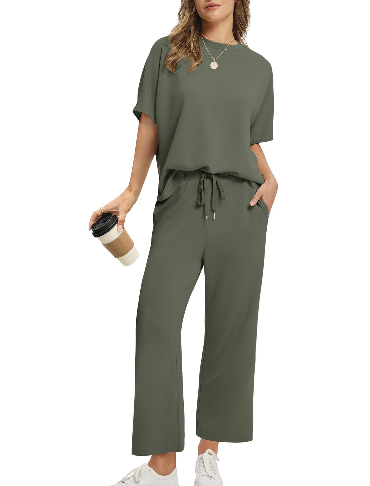 Women Oversized T-shirt and Wide Leg Crop Pants 2 Piece Sets