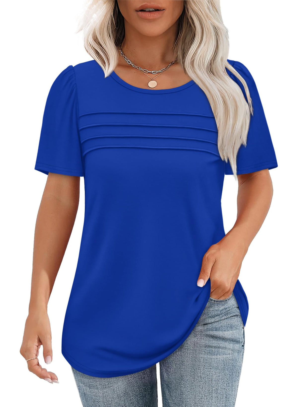 Women's Short Sleeve Pleated Front Scooped Neck T-shirts