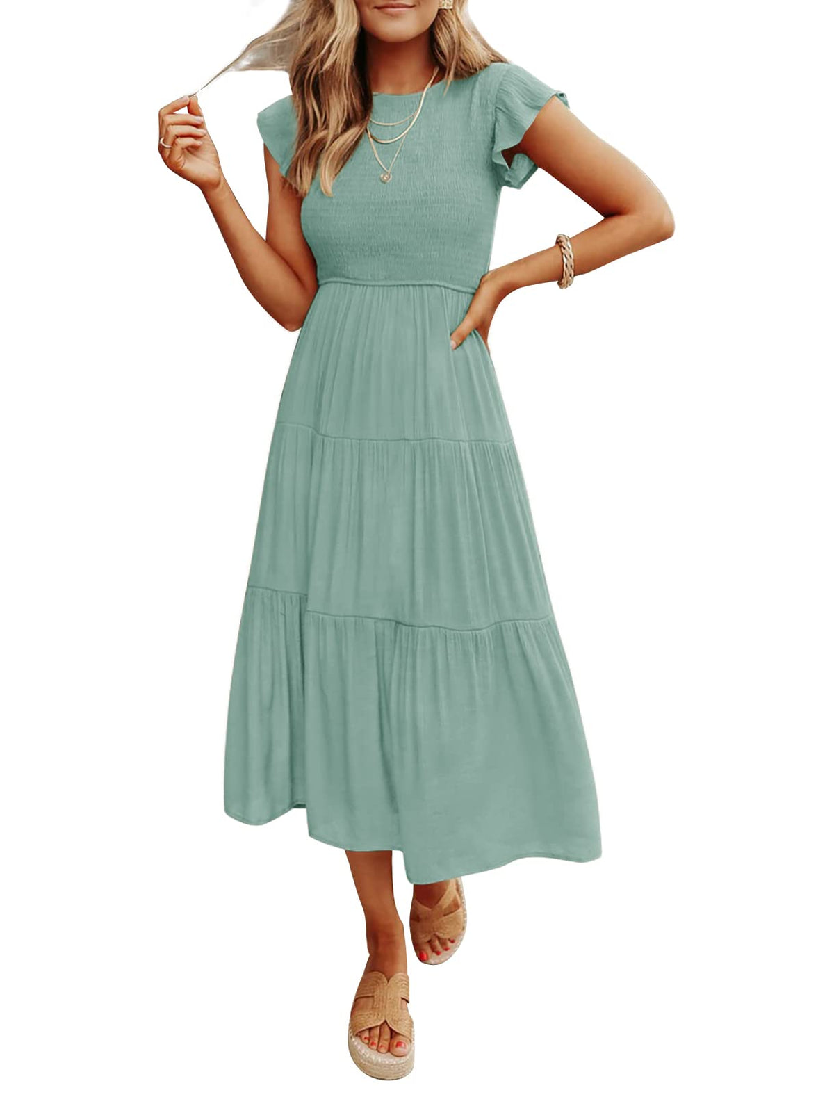 Women's Summer Casual Flutter Short Sleeve SmockedMidi Dress