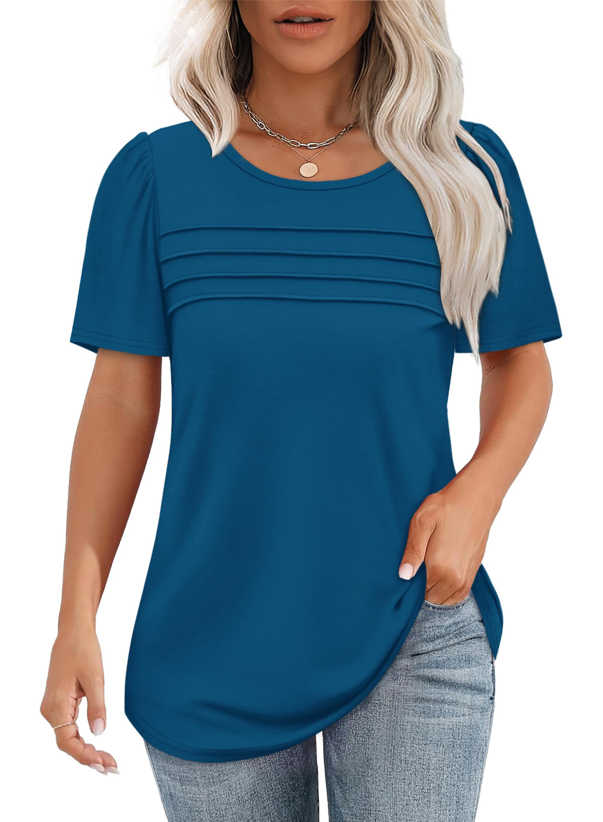 Women's Short Sleeve Pleated Front Scooped Neck T-shirts