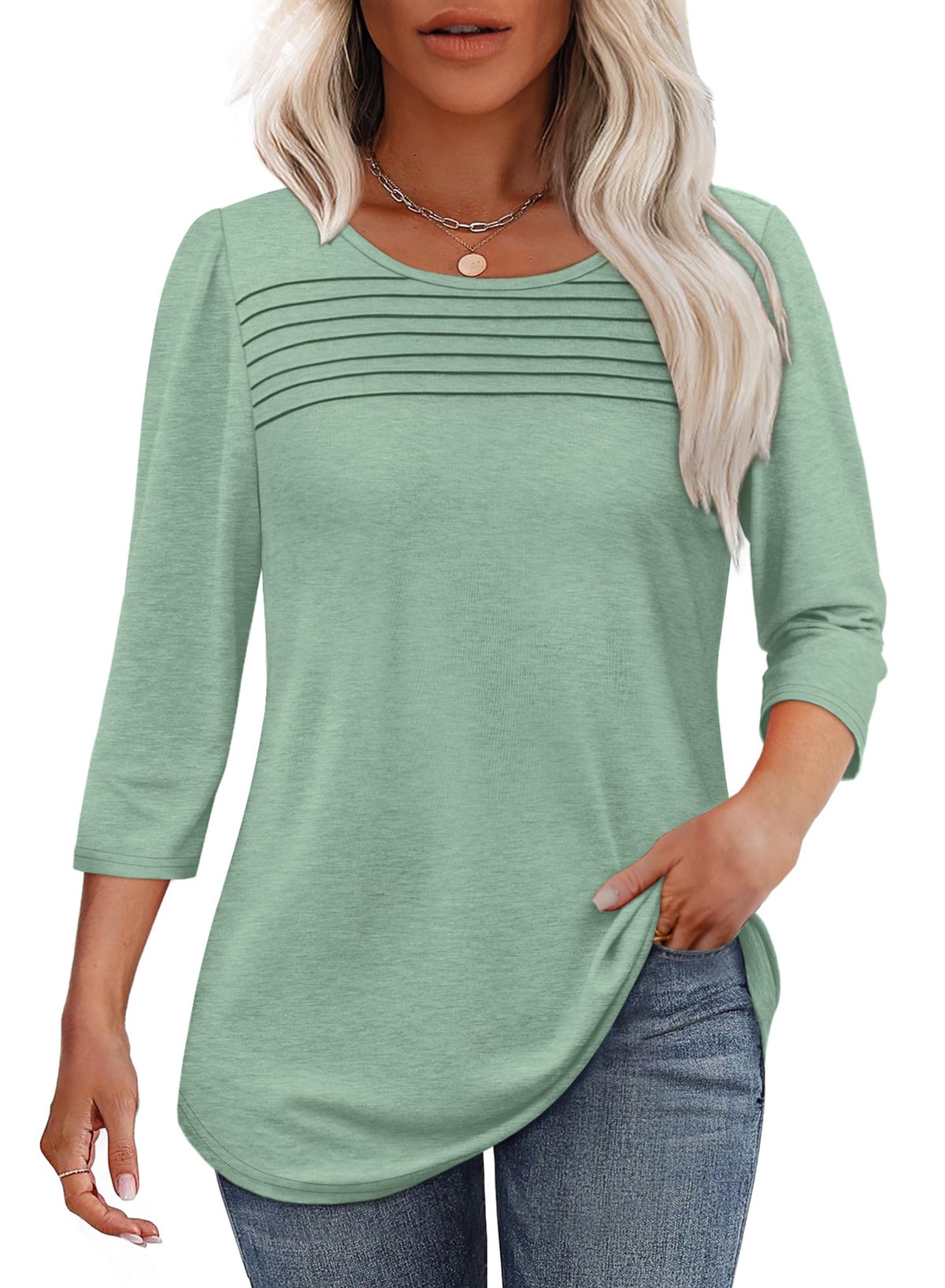 Hot Sale - 3/4 Length Sleeve Top Pleated Front T-Shirt