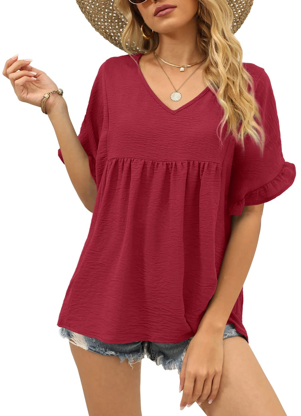 Women's Casual V Neck Ruffle Sleeve Blouse