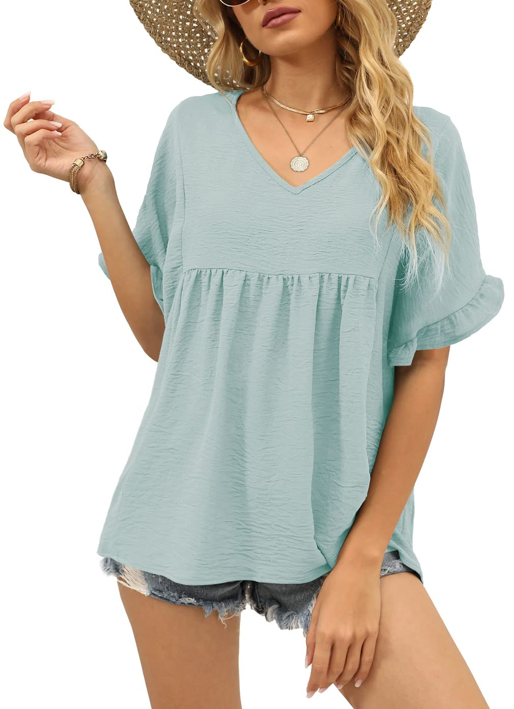 Women's Casual V Neck Ruffle Sleeve Blouse