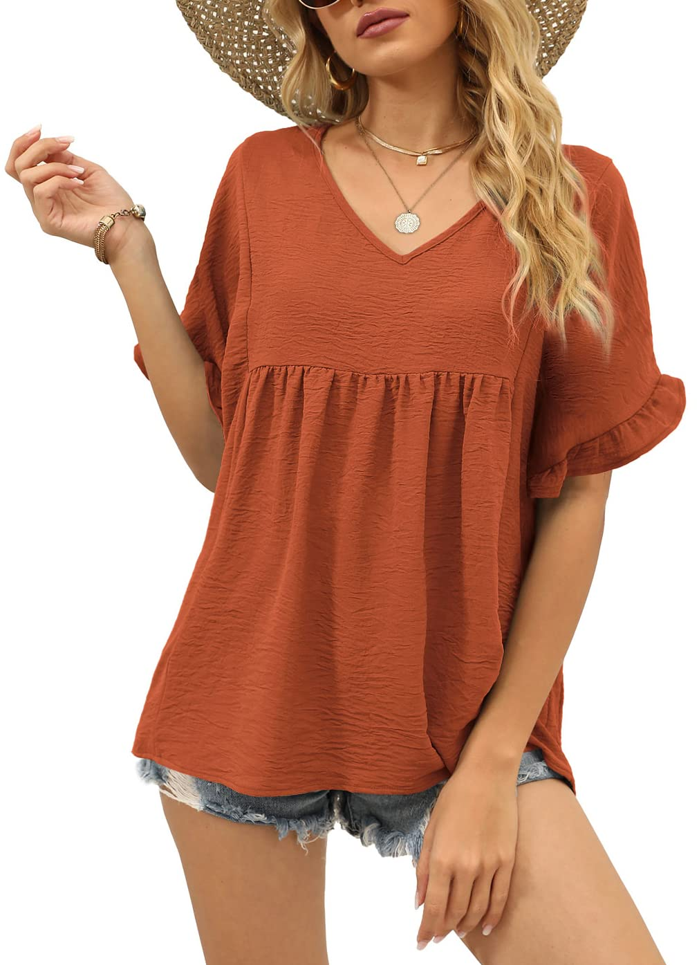 Women's Casual V Neck Ruffle Sleeve Blouse