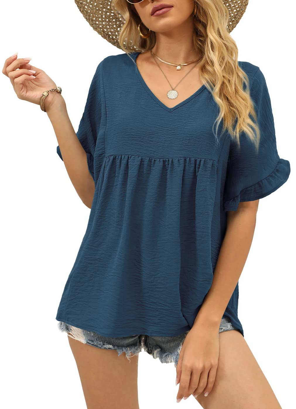 Women's Casual V Neck Ruffle Sleeve Blouse