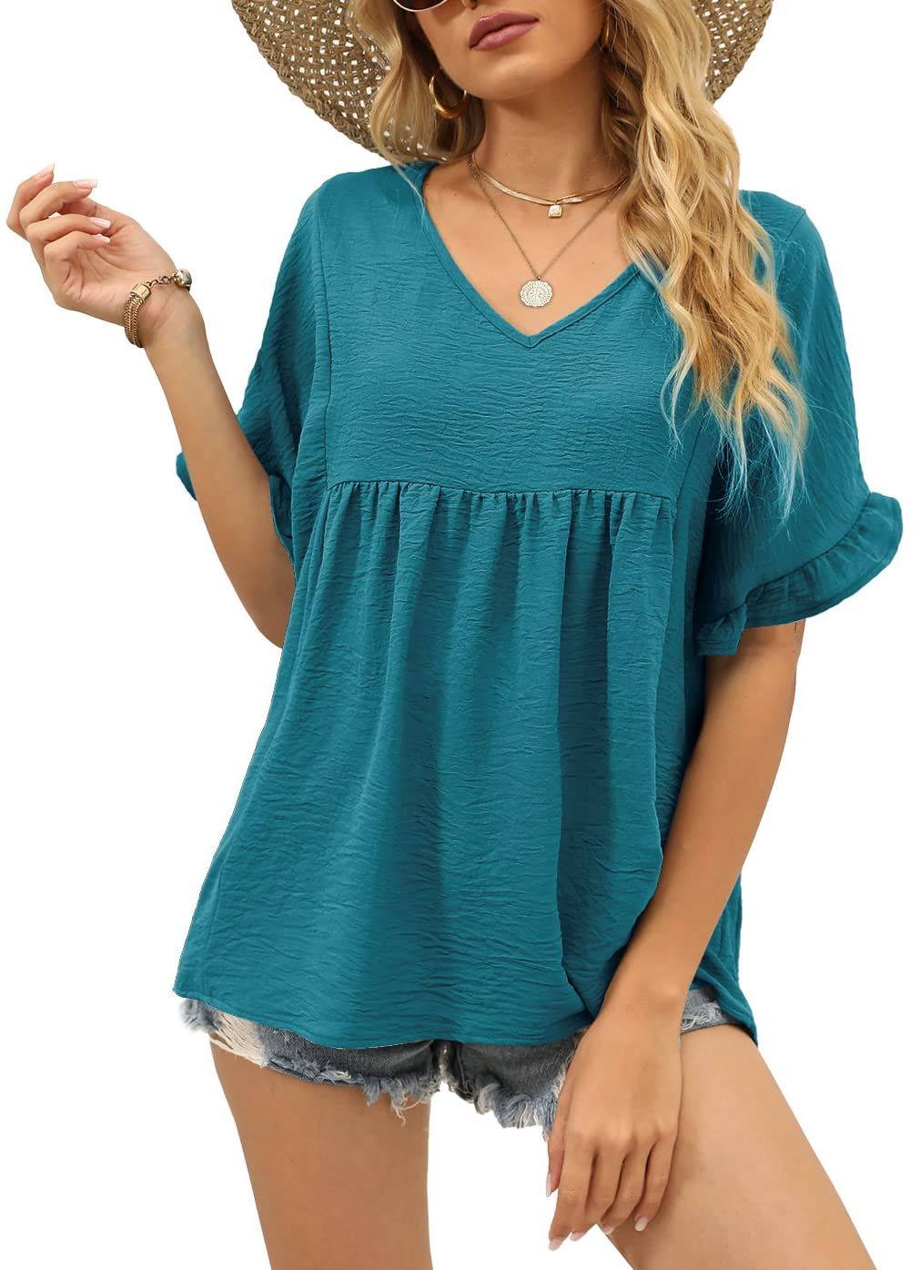 Women's Casual V Neck Ruffle Sleeve Blouse