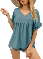 Women's Casual V Neck Ruffle Sleeve Blouse