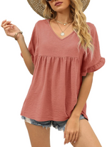 Women's Casual V Neck Ruffle Sleeve Blouse