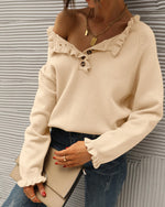 Women's Casual Knitted Button Ruffle Pullover Sweater