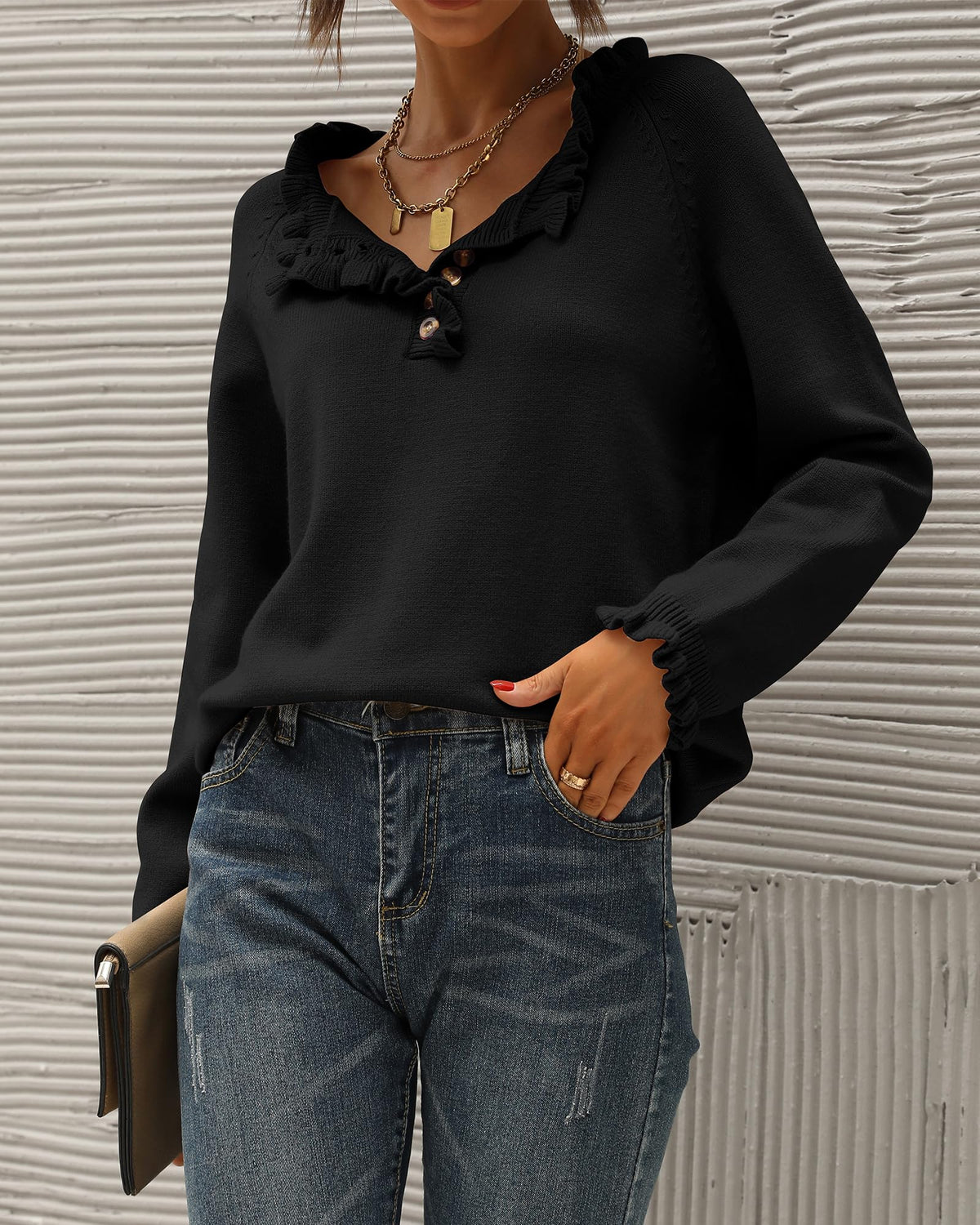 Women's Casual Knitted Button Ruffle Pullover Sweater