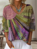 Retro Pink Green Patchwork Geometric Striped Print V-neck Long Sleeve Blouse