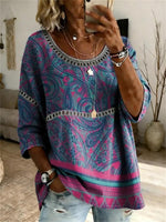 Women's Multi Paisley Ethnic Print Hollow Lace Round Neck 3/4 Sleeve Blouse