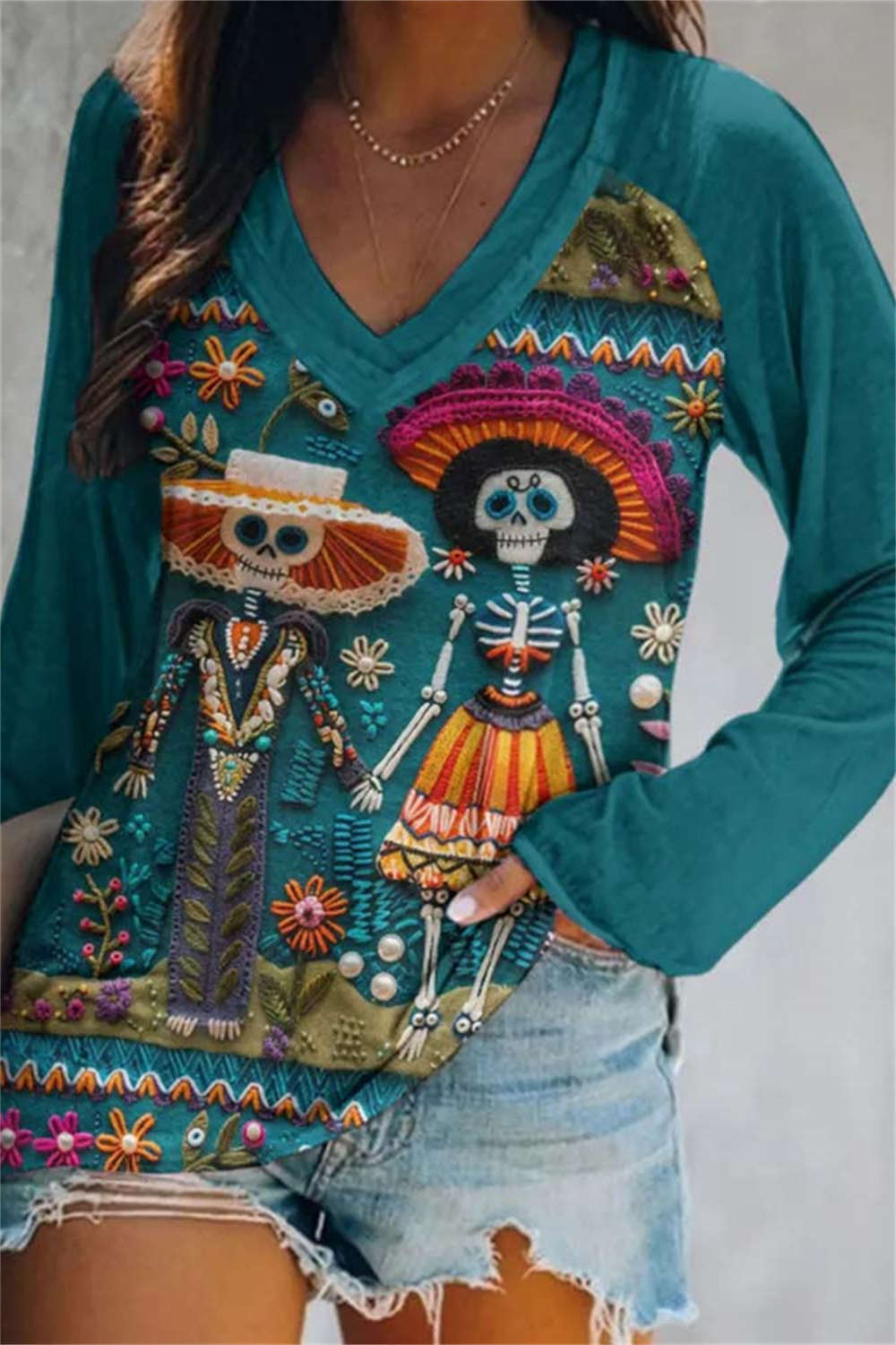 Women's Halloween Teal Skeleton Print V Neck Long Sleeve Blouse