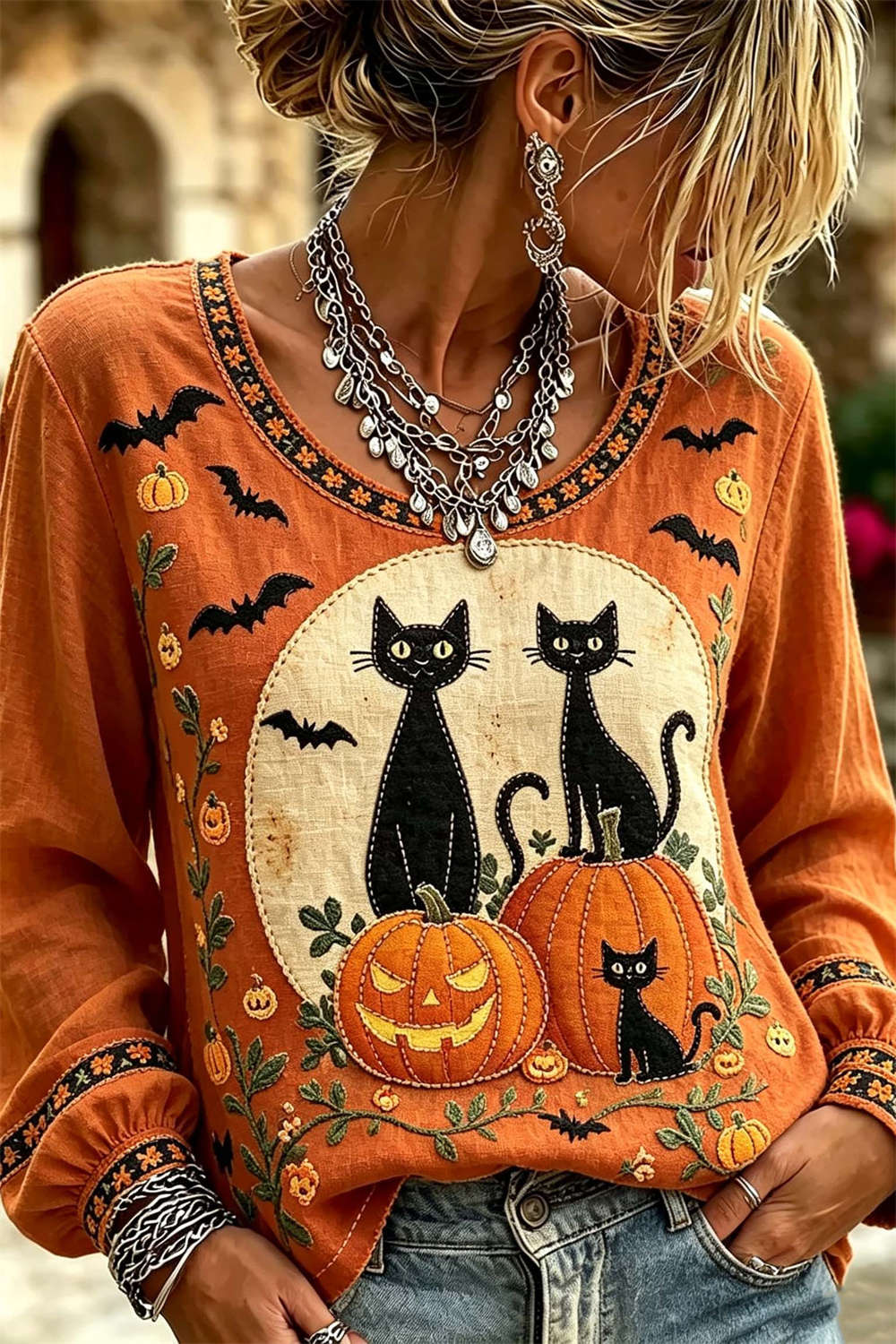 Women's Halloween Orange Black Cat Pumpkin Print Round Neck Long Sleeve Blouse