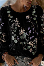 Women's Black Floral Round Neck Long Sleeve Blouse