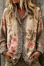 Women's Multi Leopard Floral Print Shirt Collar Long Sleeve Blouse