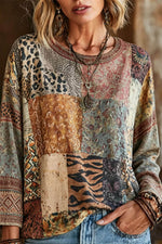 Women's Multi Animal Floral Patchwork Print Round Neck Long Sleeve Blouse
