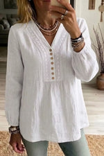 Women's White Solid V Neck Long Sleeve Blouse