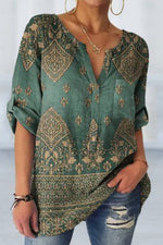 Women's Green Bohemian Print V Neck Three Quarter Sleeve Blouse