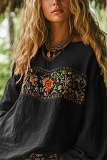 Women's Black Boho Print Round Neck Long Sleeve Blouse