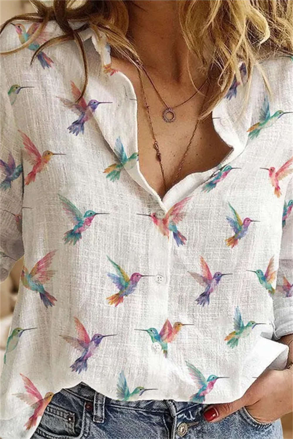 White Linen Cotton Watercolor Hummingbird Print Collar Long Sleeve Blouse