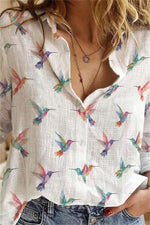 White Linen Cotton Watercolor Hummingbird Print Collar Long Sleeve Blouse