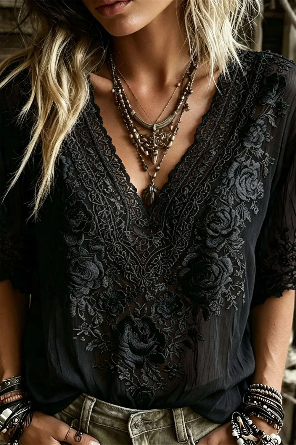 Women's Black Rose Floral Lace Embroidery V Neck Short Sleeve Blouse