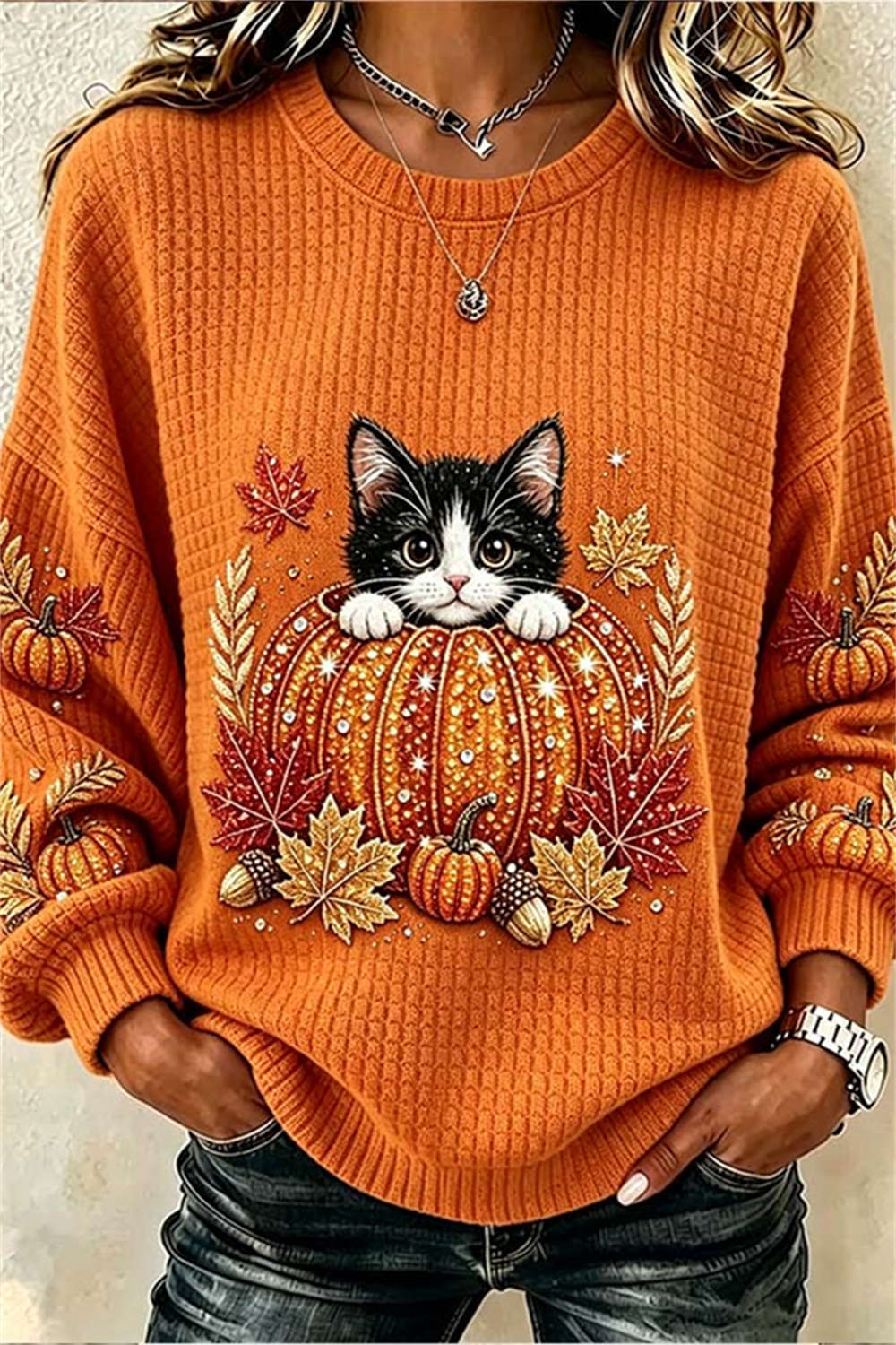 Women's Halloween Orange Cat Pumpkin Maple Leaf Print Crew Neck Long Sleeve Top