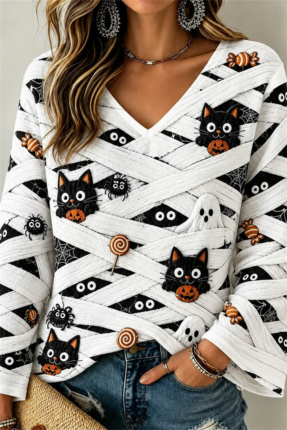 Women's Halloween White Pumpkin Face Cat Print V Neck Long Sleeve Top