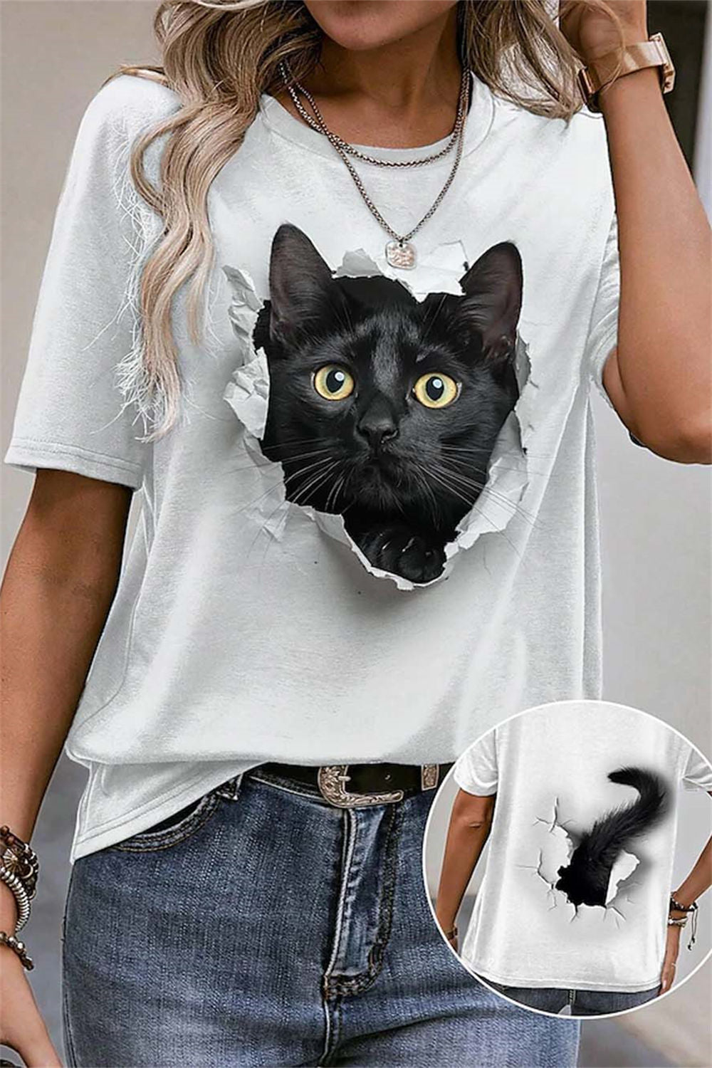 White Cat Graphic Round Neck Short Sleeve Tee