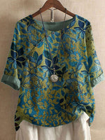 Leaf Print Round Neck Half Sleeves Blouse