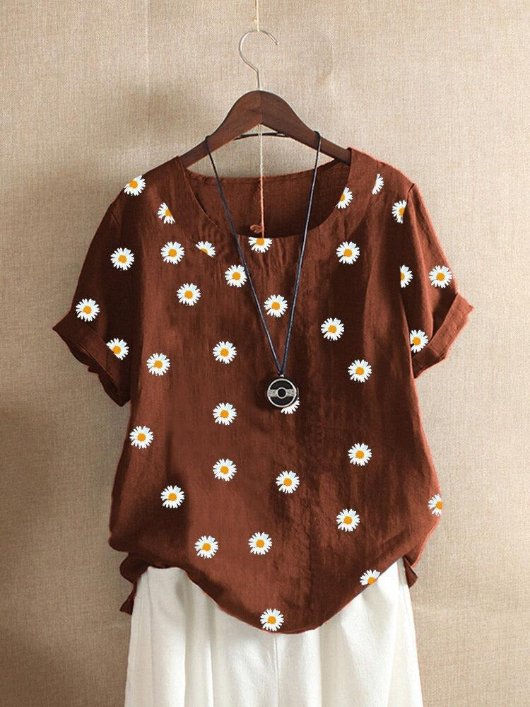 Women's Round Neck Floral Print Short Sleeves T-shirt
