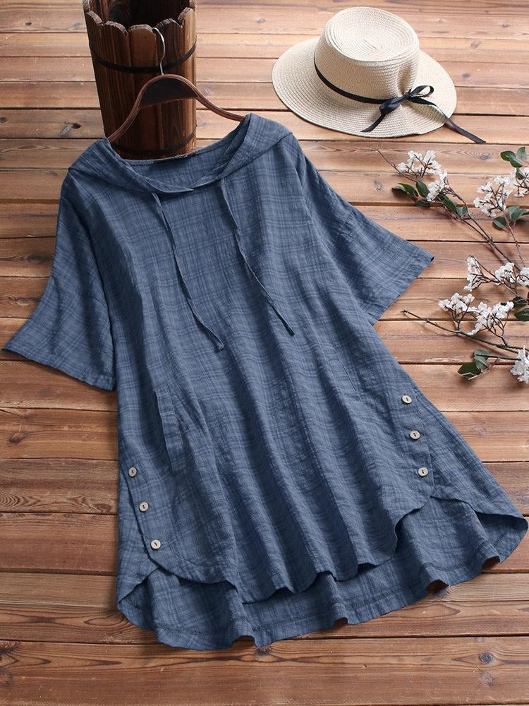 Women's Halter Solid Color Pockets Short Sleeves Blouse
