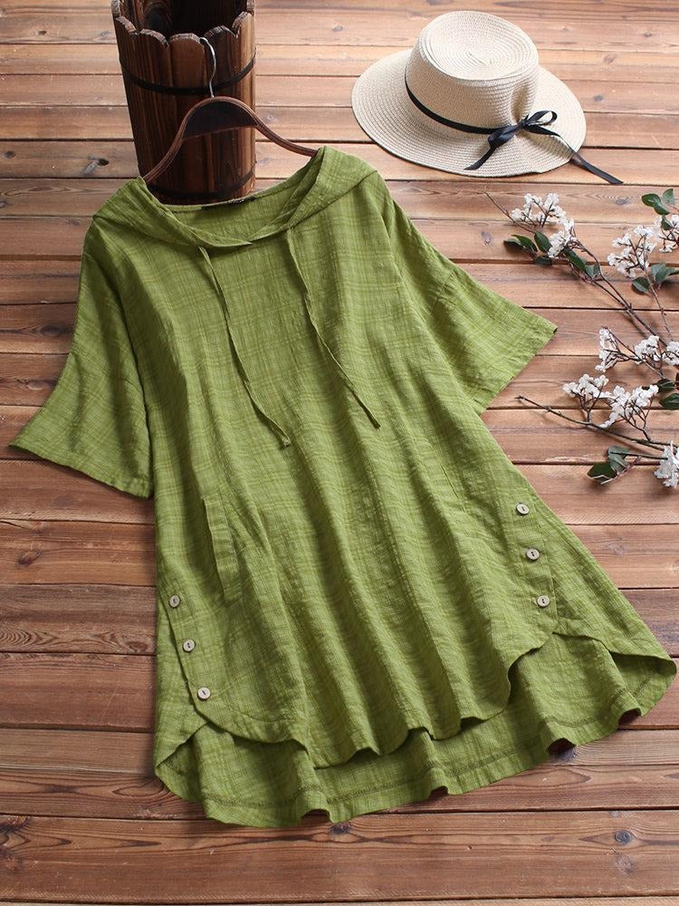 Women's Halter Solid Color Pockets Short Sleeves Blouse
