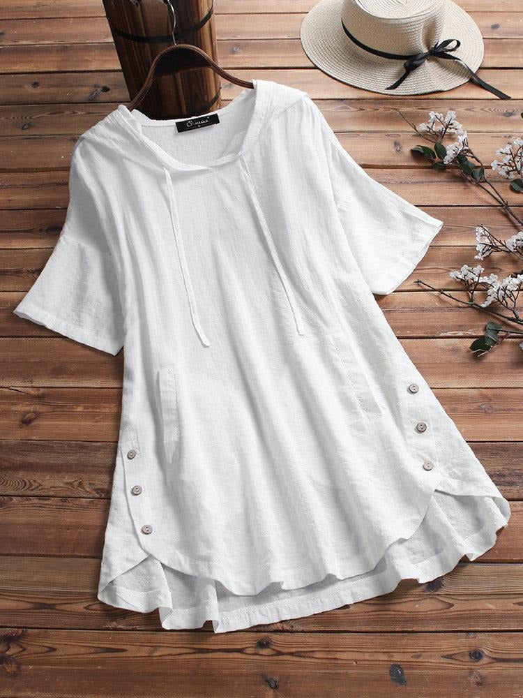 Women's Halter Solid Color Pockets Short Sleeves Blouse