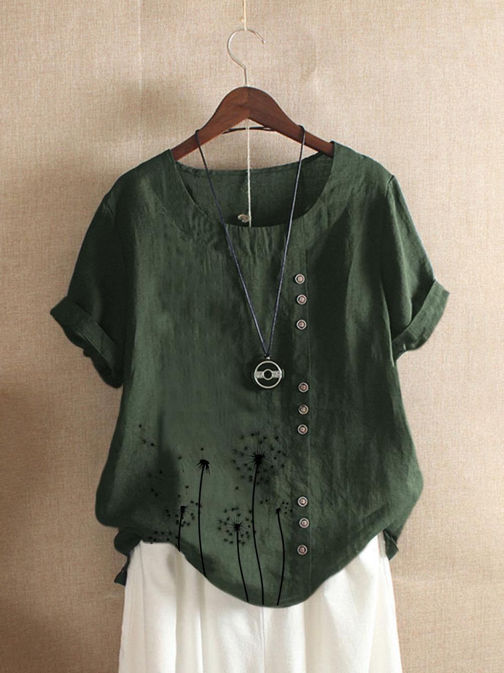 Dandelion Print Buttons Short Sleeves T-shirt