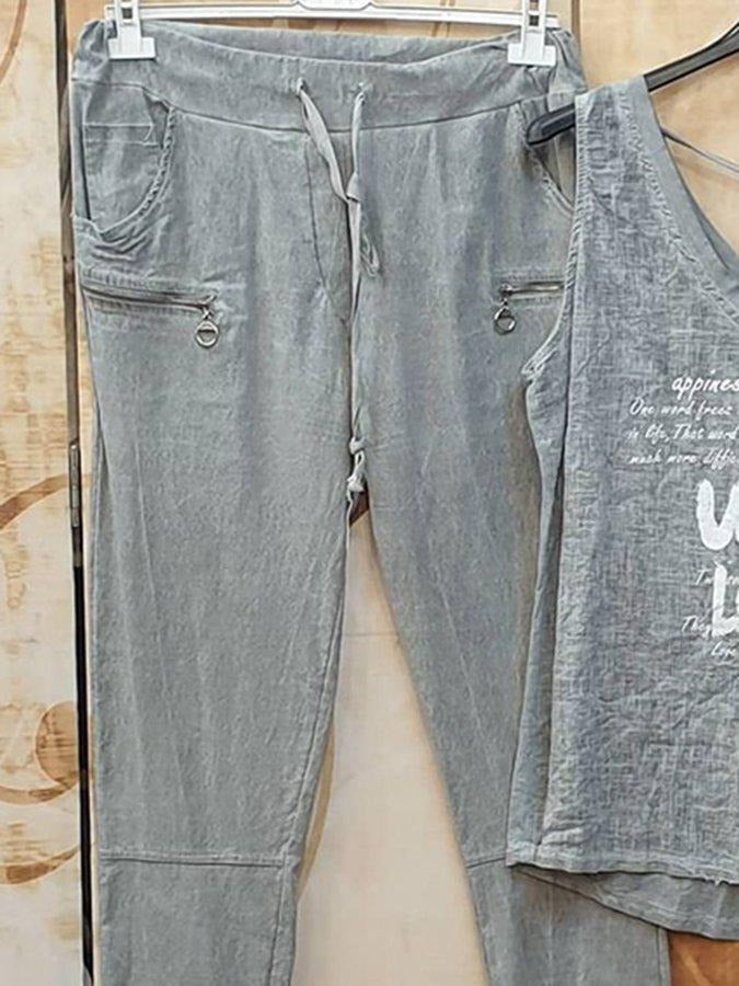 Letter Print Casual Sleeveless Two Piece Suit