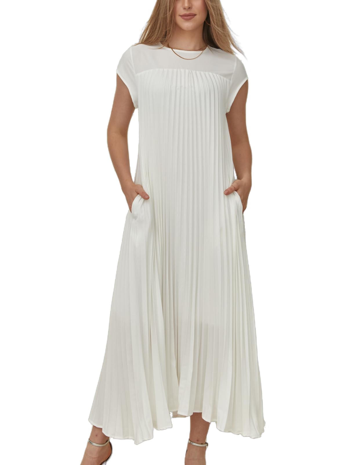 Women's Cap Sleeve Pleated Flowy Maxi Dress