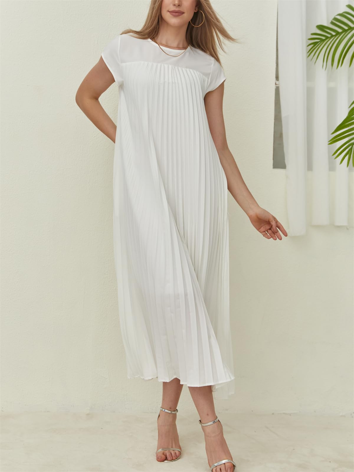 Women's Cap Sleeve Pleated Flowy Maxi Dress