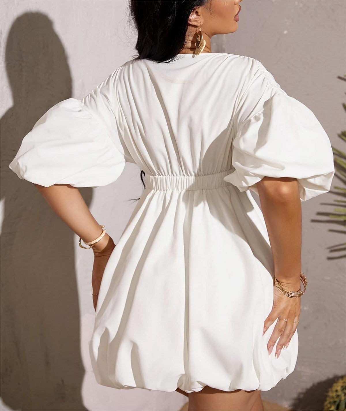 Women's Deep V-Neck Puffy Sleeve Elasticated High Waist Flared Dress