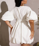 Women's Deep V-Neck Puffy Sleeve Elasticated High Waist Flared Dress