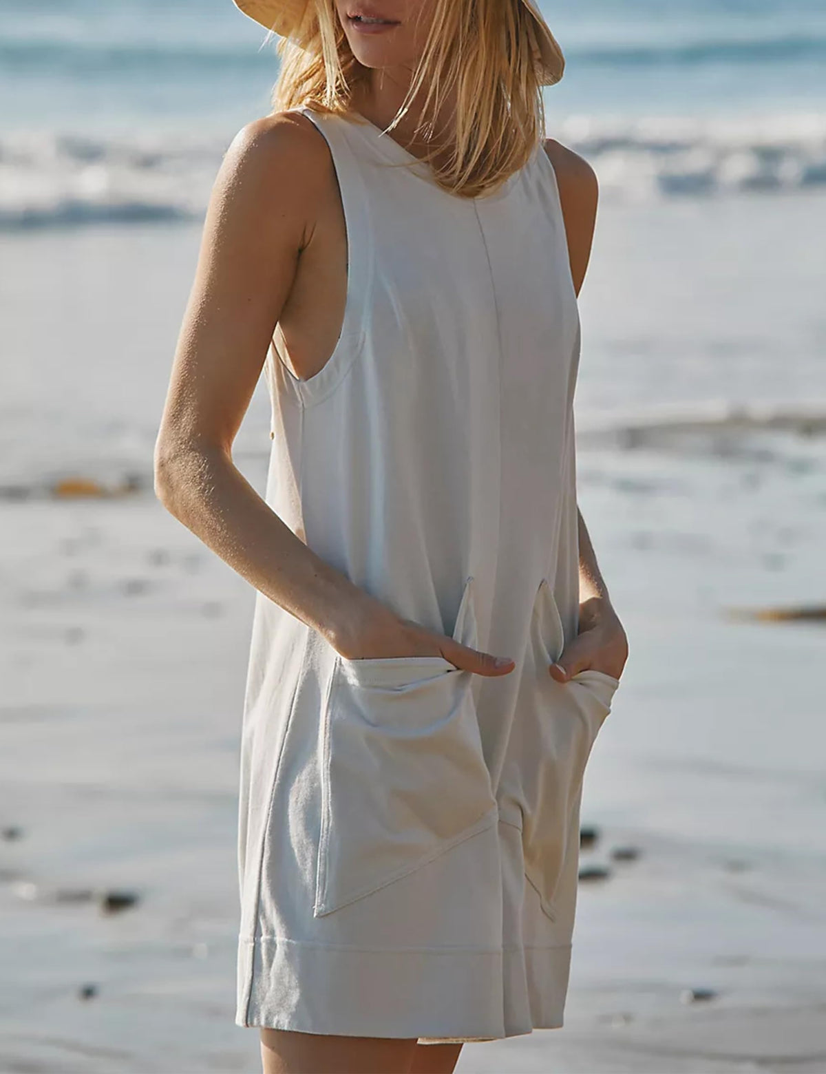 Women's Casual Stretch Sleeveless Shorts Bodysuit with Pockets