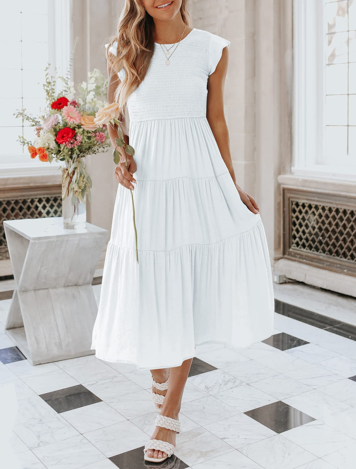 Women's Summer Casual Flutter Short Sleeve SmockedMidi Dress
