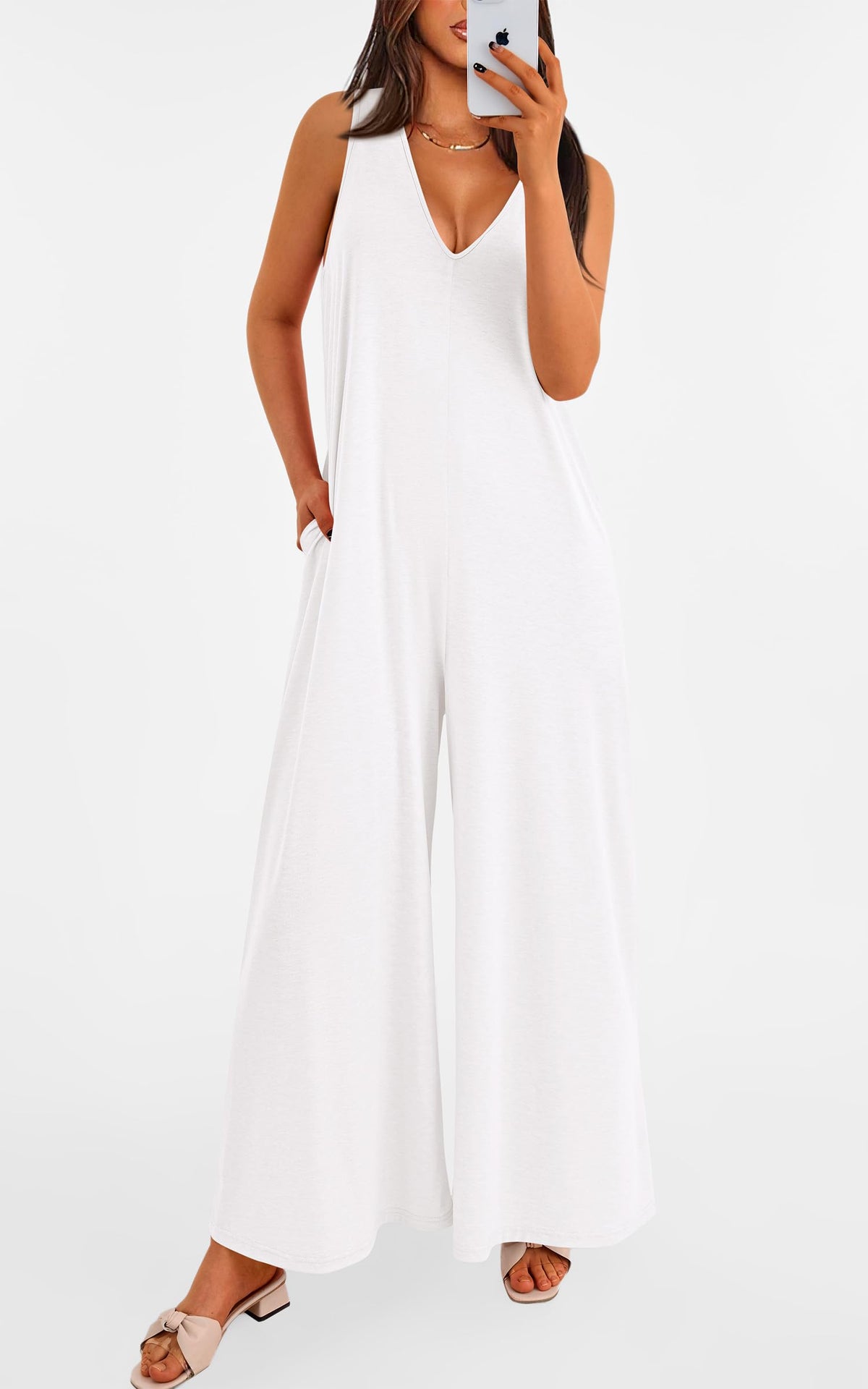Women's Casual Wide Strap Sleeveless Tank Top V Neck Wide Leg Jumpsuit