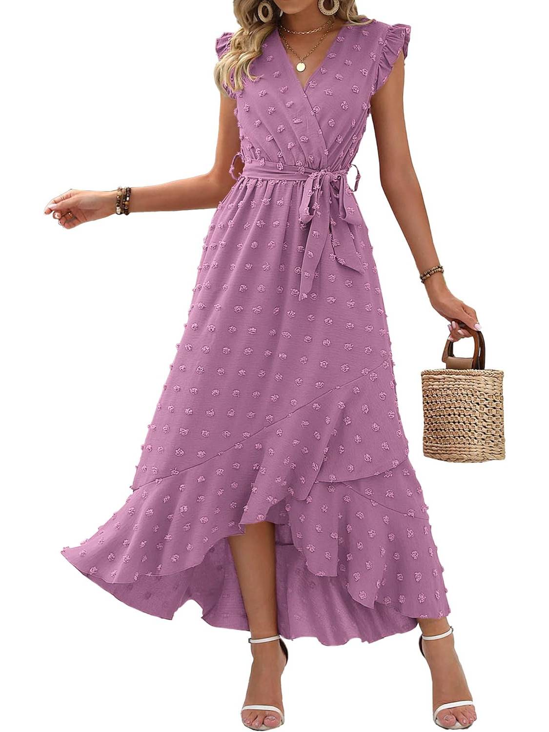 Women's Ruffle Cap Sleeve Swiss Dot Boho Maxi Dress