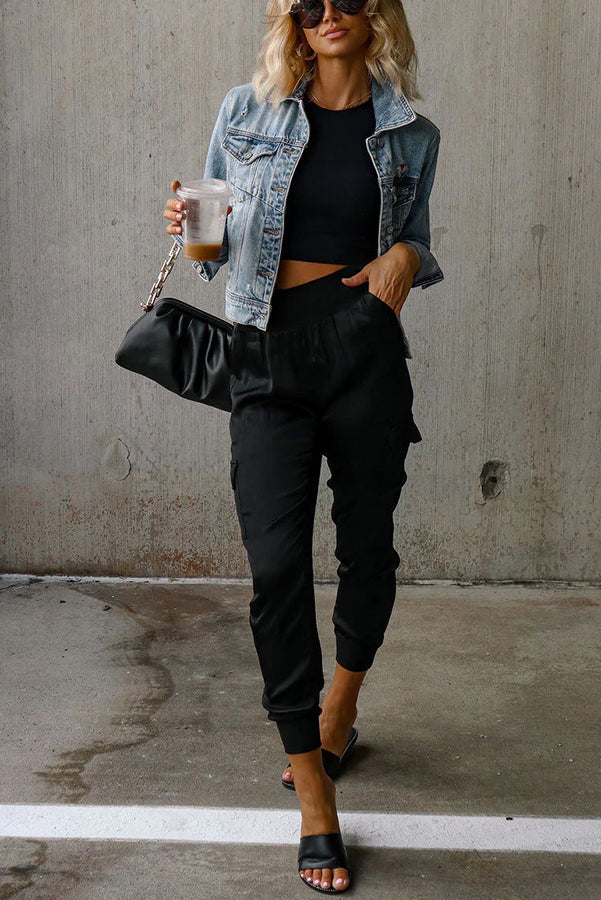 Women's Satin High Waist Pocketed Joggers