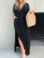V-neck Dress With Slit And Gathered Waist