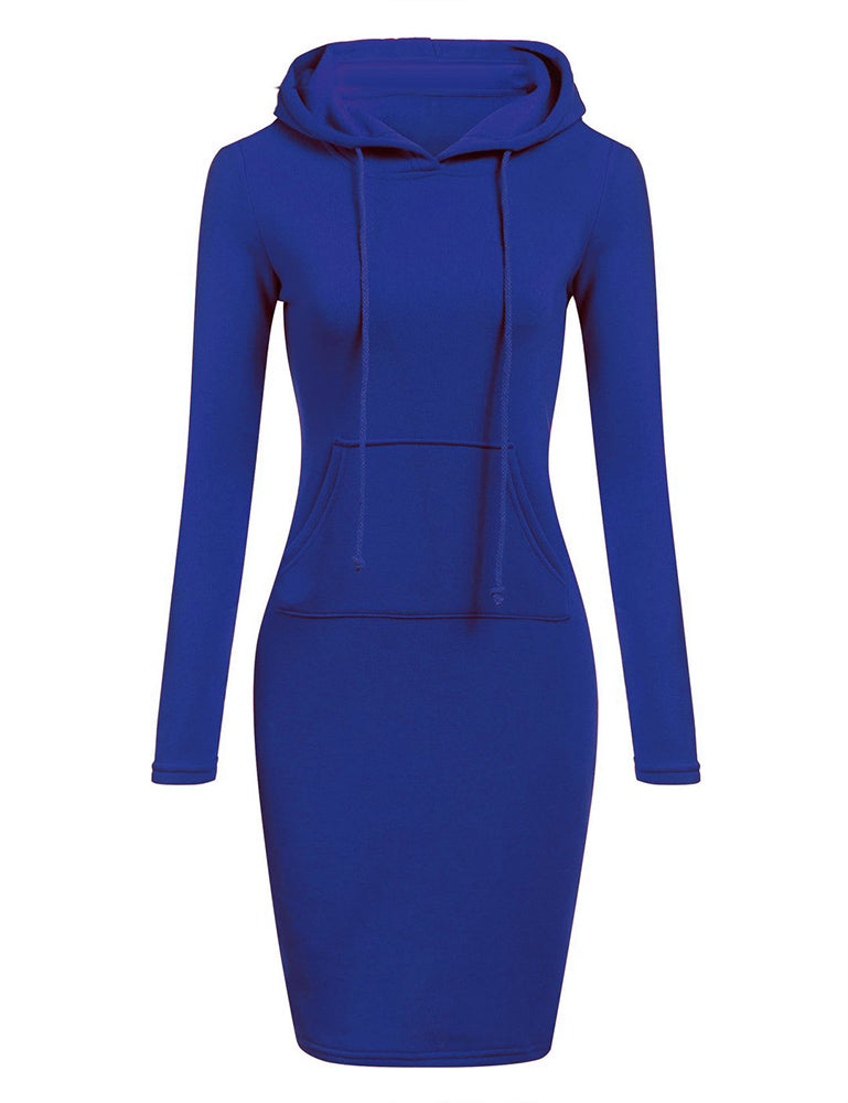 Women Pocket Knee Length Slim Casual Pullover Hoodie Dress