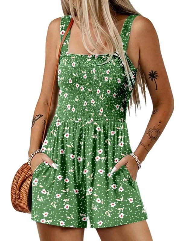 Women's Sleeveless Loose Floral Print Romper with Pockets